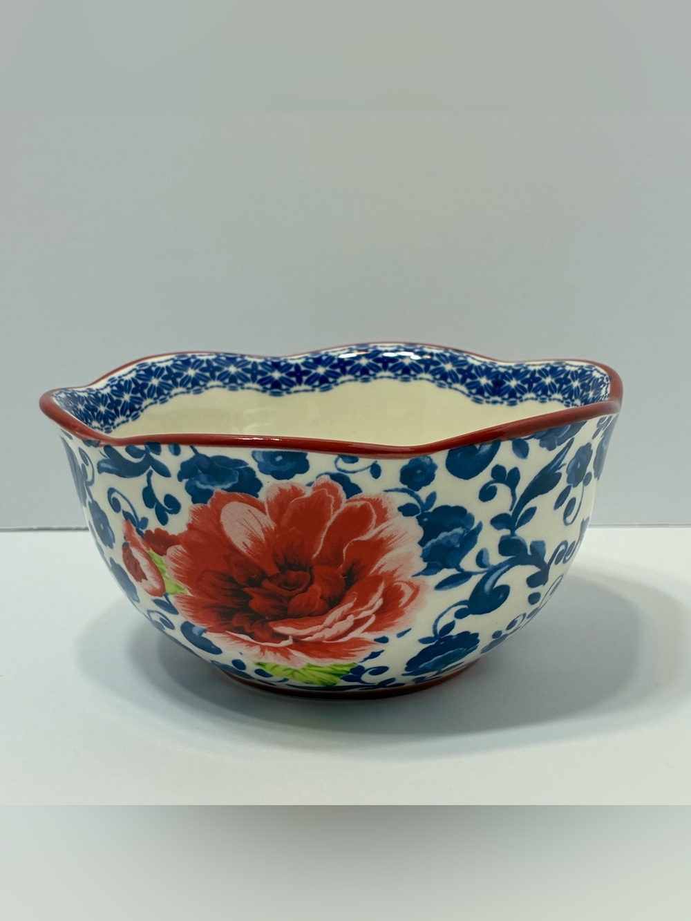 The Pioneer Woman Floral Stoneware 3x6in Serving Bowl Red Rose Blue Scroll